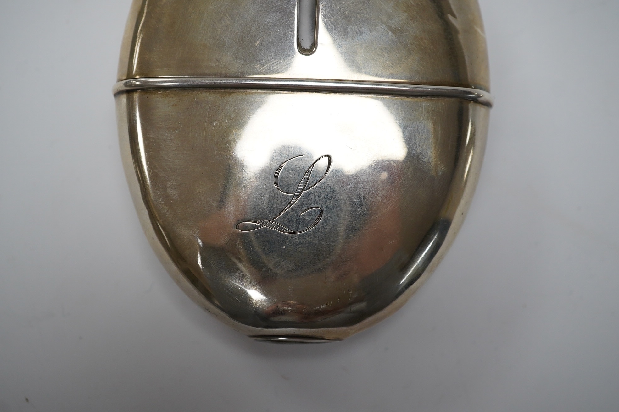 A Victorian silver oval pocket flask, John Linegar, Birmingham, 1872, 12.8cm. Condition - poor